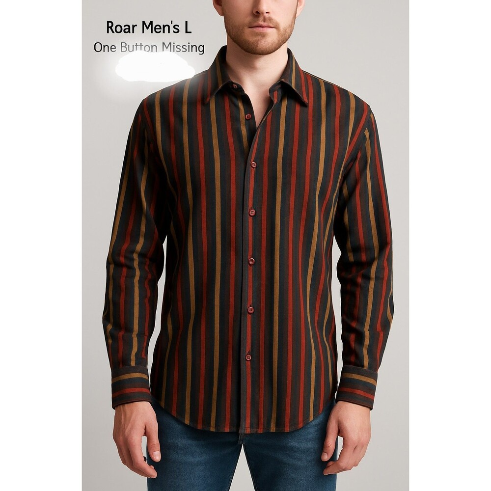 Roar Men’s Large Button Up Shirt Striped Western Rock Style Brown Red Tan Casual